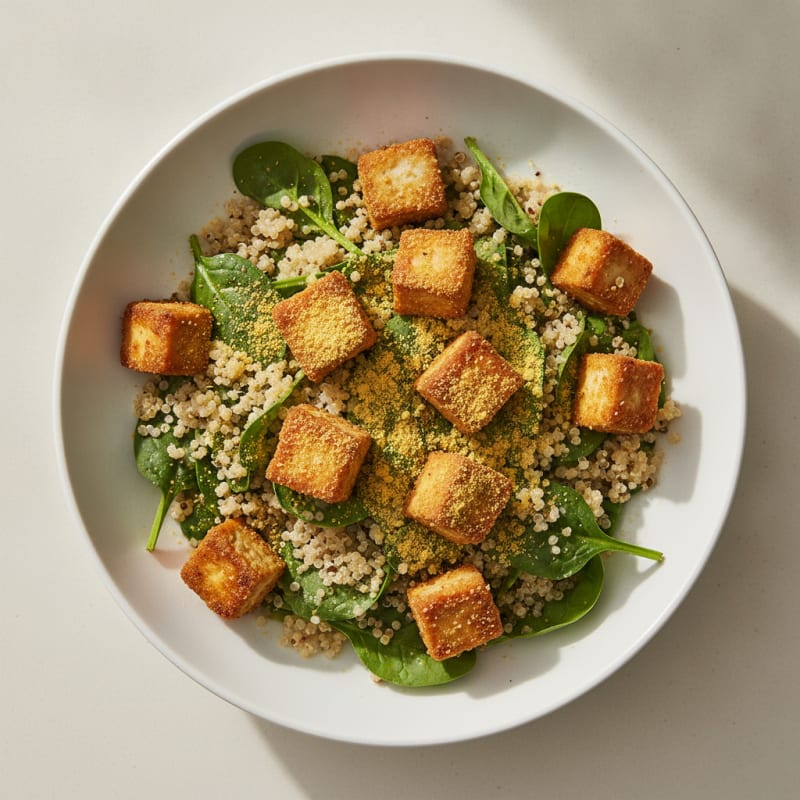 Crispy Tofu Power Bowl with Spinach and Quinoa