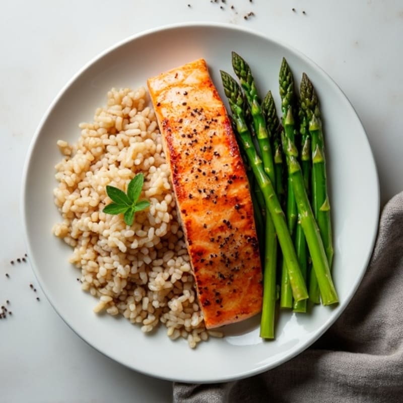 Seared Salmon with Steamed Asparagus and Brown Rice