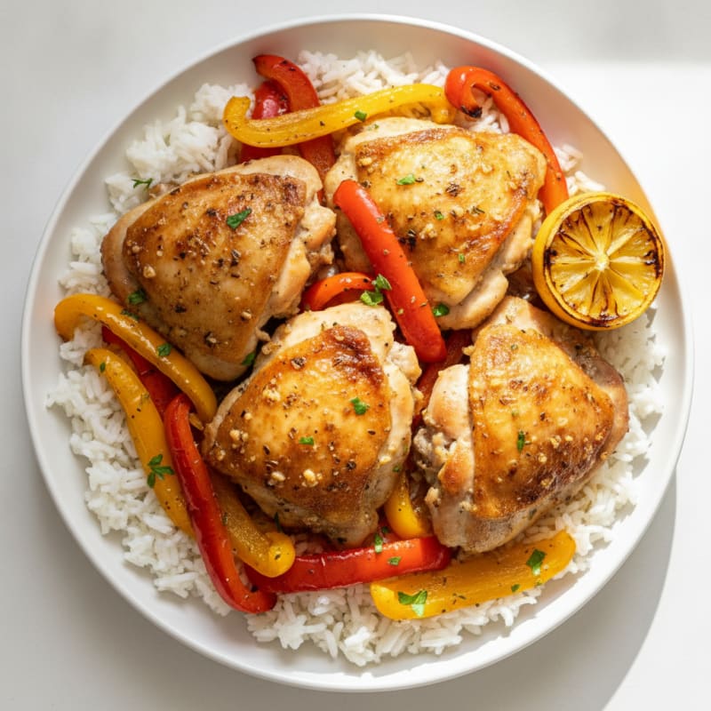 Herb-Roasted Chicken Thighs with Bell Peppers and Rice