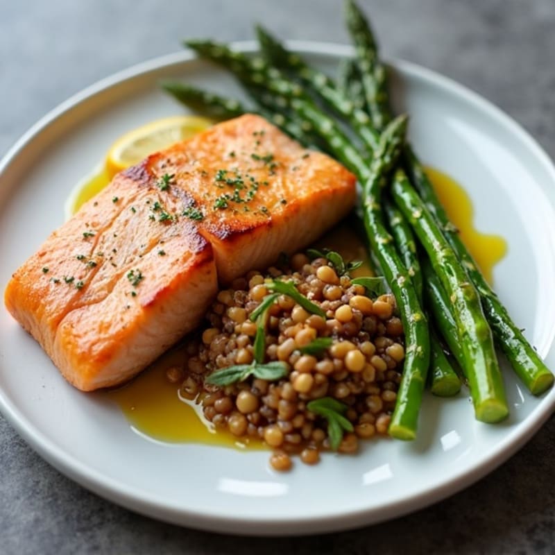 Seared Salmon with Roasted Asparagus and Lentil Salad