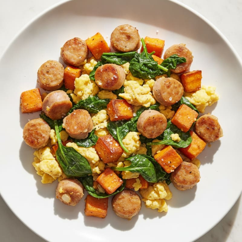 Chicken Apple Sausage Scramble with Spinach and Sweet Potato