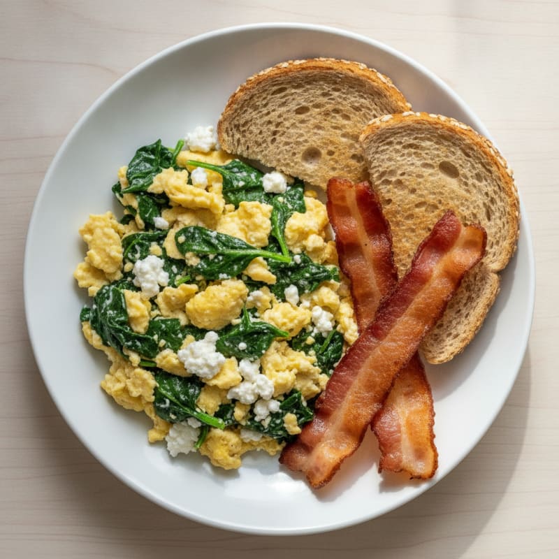 Cottage Cheese Scramble with Spinach and Turkey Bacon