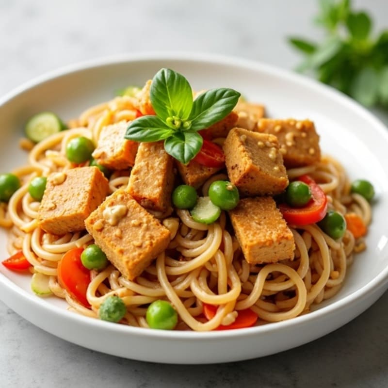 Creamy Thai Peanut Noodles with Crispy Tofu and Fresh Vegetables