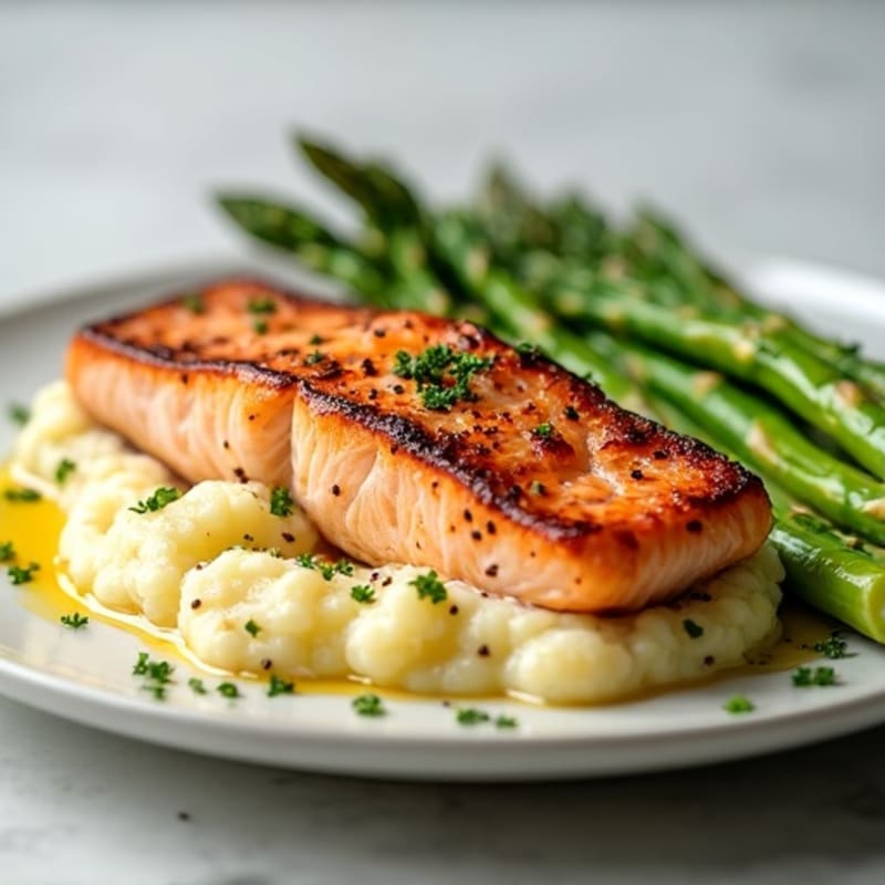 Seared Salmon with Steamed Asparagus and Cauliflower Mash