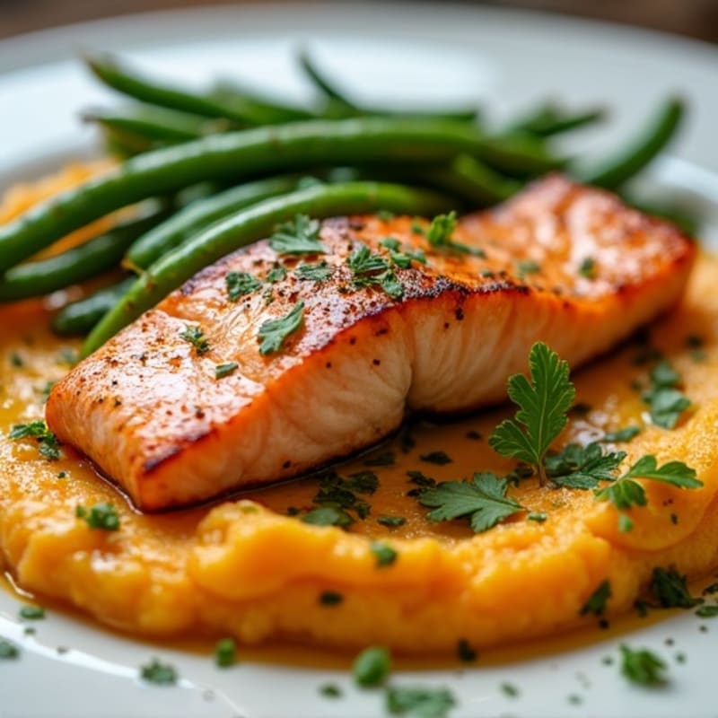 Seared Salmon Fillet with Garlic Green Beans and Sweet Potato Mash