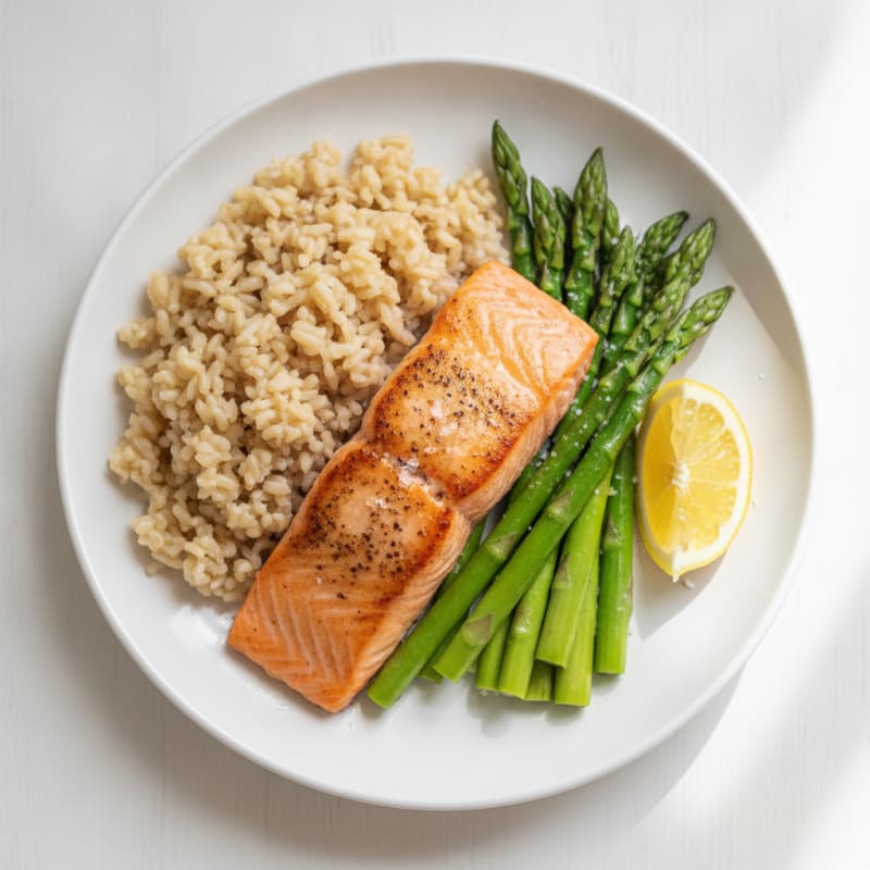 Seared Salmon with Steamed Asparagus and Brown Rice