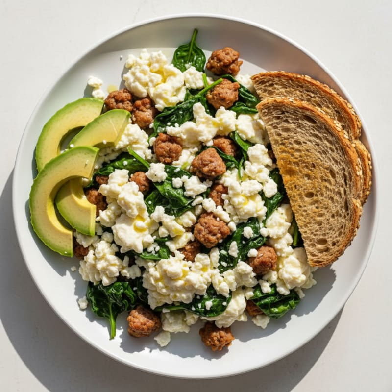 Egg White and Turkey Sausage Scramble with Spinach and Feta