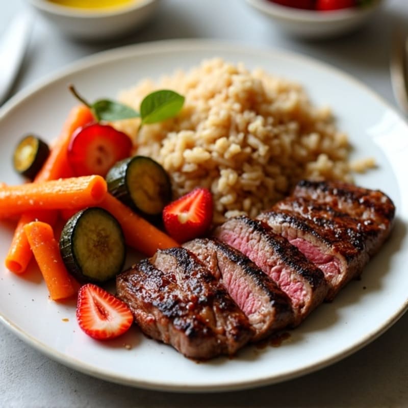 Seared Steak with Roasted Vegetables, Brown Rice, and Strawberry Garnish