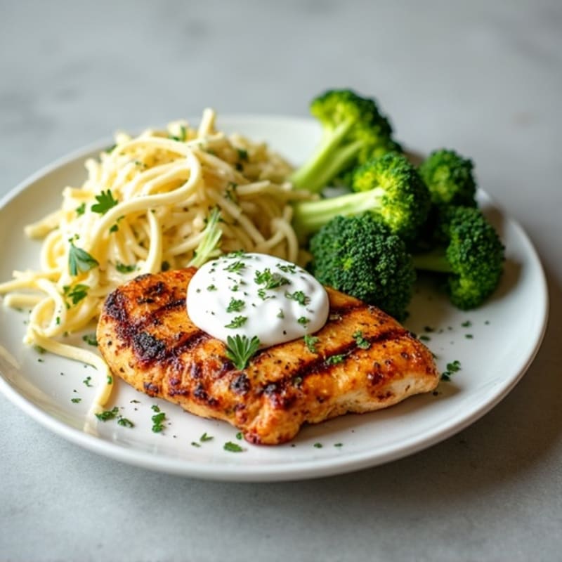 Grilled Chicken Breast with Crunchy Broccoli Slaw and Greek Yogurt Dressing