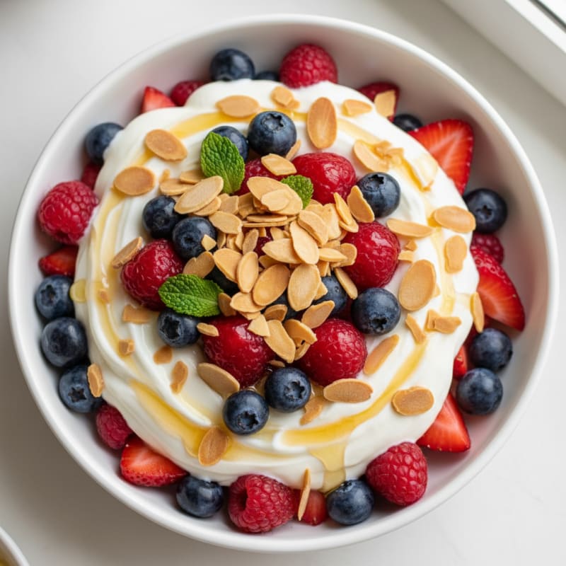 Greek Yogurt Protein Parfait with Mixed Berries and Almonds