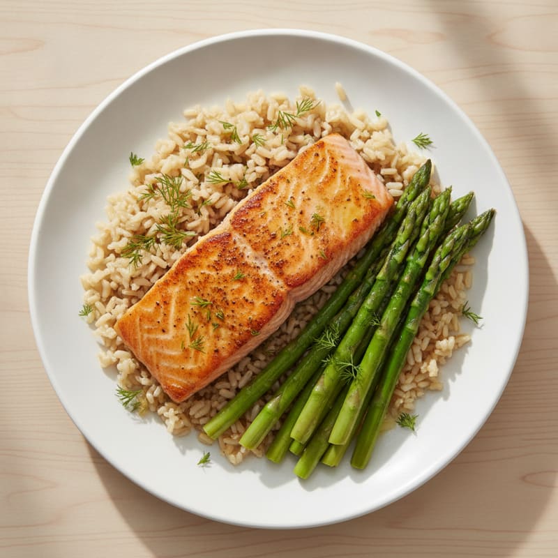 Seared Salmon with Steamed Asparagus and Brown Rice