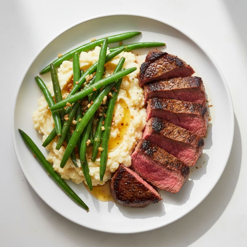 Seared Sirloin Steak with Garlic Green Beans and Cauliflower Mash