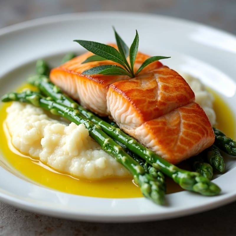 Seared Salmon with Steamed Asparagus and Cauliflower Mash