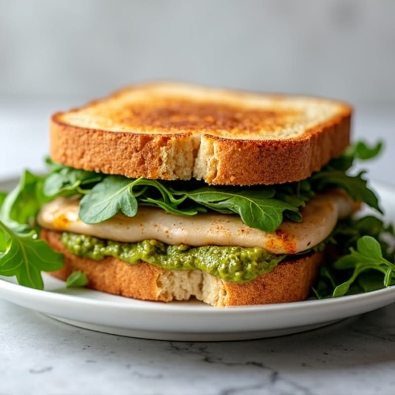 Crispy Grilled Turkey Pesto Sandwich with Fresh Arugula