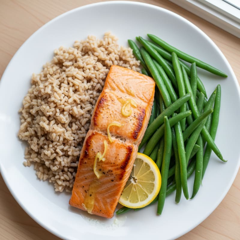 Seared Salmon with Steamed Green Beans and Brown Rice