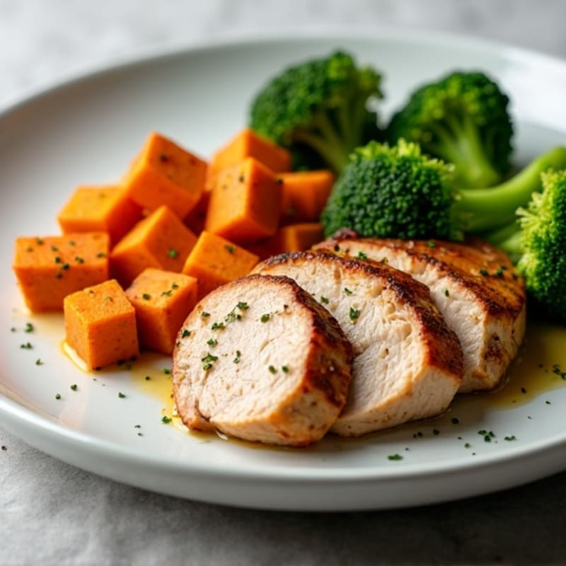 Seared Turkey Breast with Roasted Sweet Potatoes and Steamed Broccoli