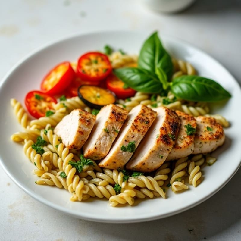 Lean Chicken and Fresh Pesto Whole Wheat Pasta with Roasted Veggies