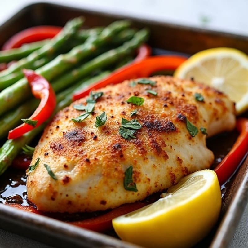 Sheet Pan Crispy Lemon Herb Chicken with Roasted Asparagus and Bell Peppers