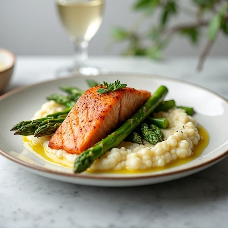 Seared Salmon with Steamed Asparagus and Cauliflower Mash