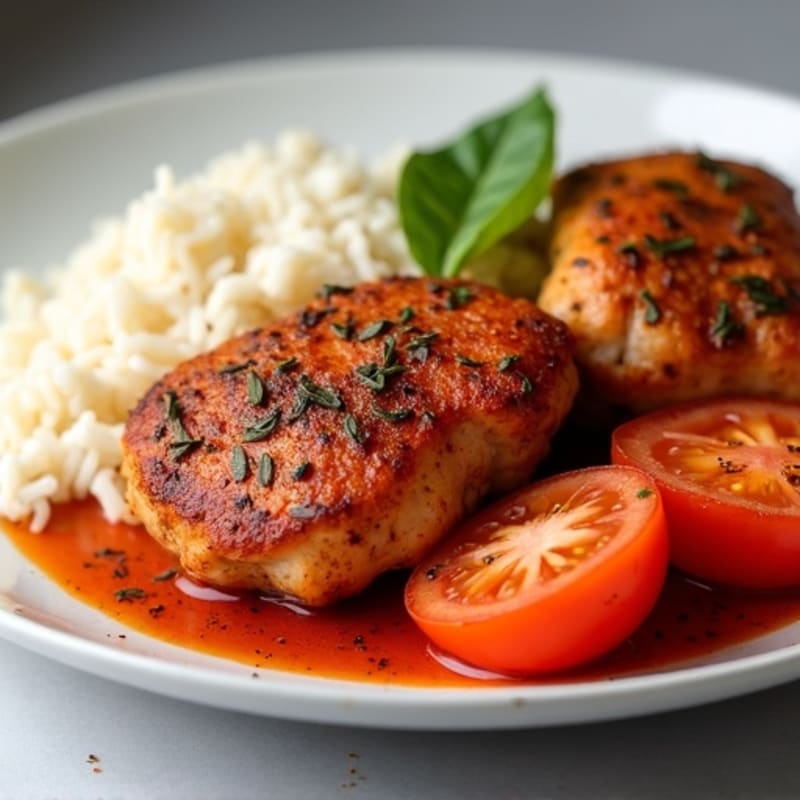 Spiced Chicken Thighs with Steamed Rice and Fresh Tomato