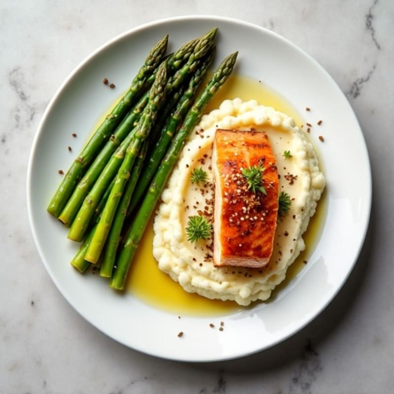 Seared Salmon with Steamed Asparagus and Cauliflower Mash