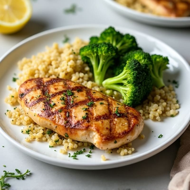 Grilled Lemon Herb Chicken Breast with Quinoa and Steamed Broccoli