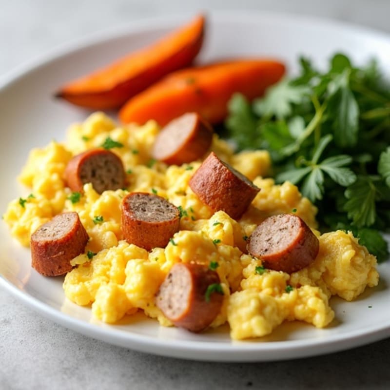 Egg White and Turkey Sausage Scramble with Roasted Sweet Potatoes