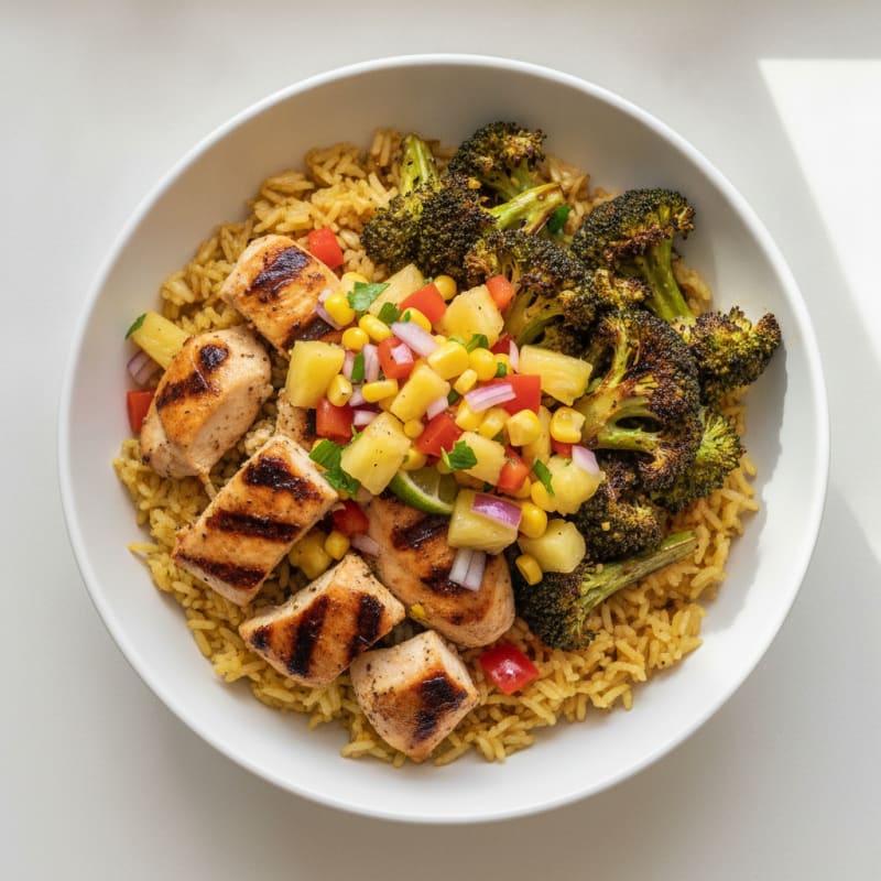 Grilled Chicken and Roasted Broccoli Rice Bowl with Pineapple Salsa