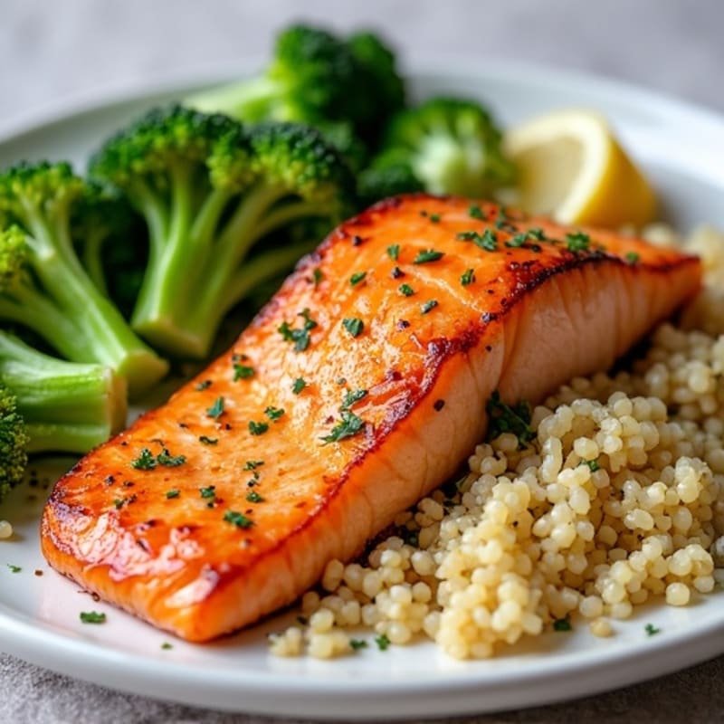 Seared Salmon Fillet with Roasted Broccoli and Quinoa