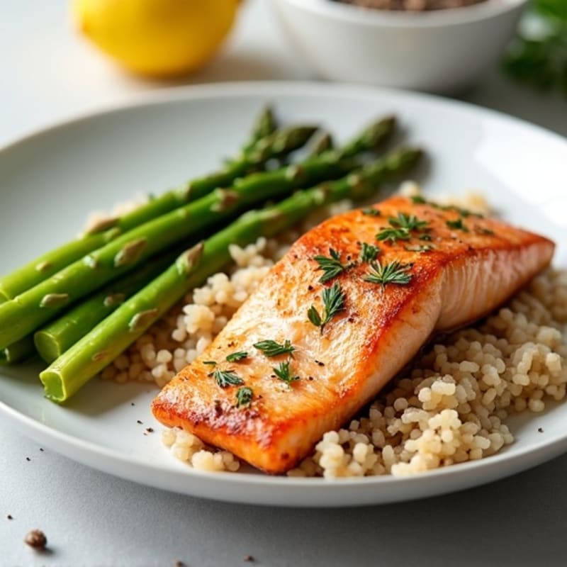Seared Salmon Fillet with Steamed Asparagus and Brown Rice