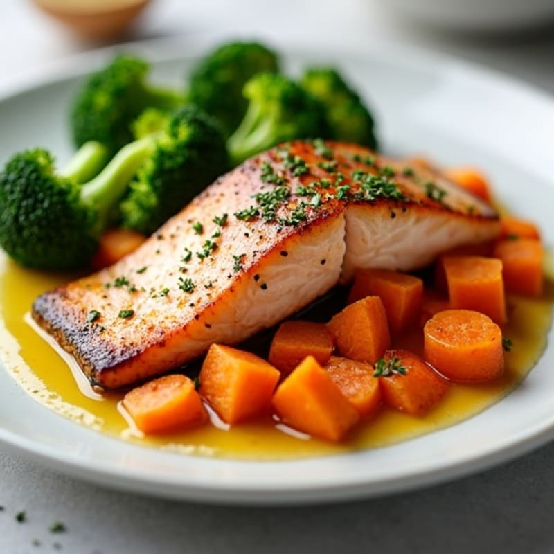 Seared Salmon with Roasted Sweet Potato and Steamed Broccoli
