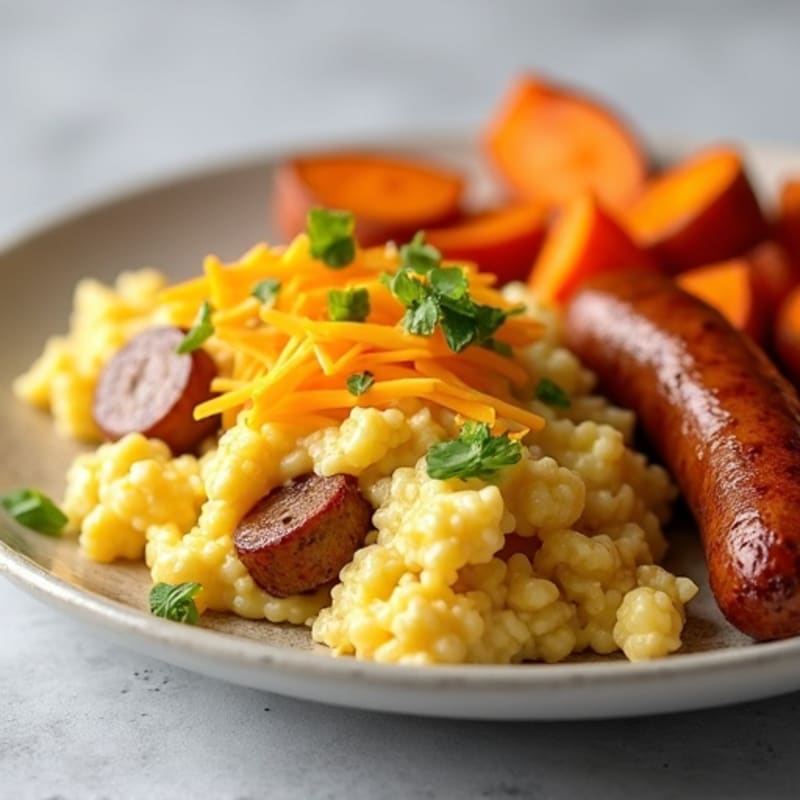 Egg White and Turkey Sausage Scramble with Roasted Sweet Potatoes