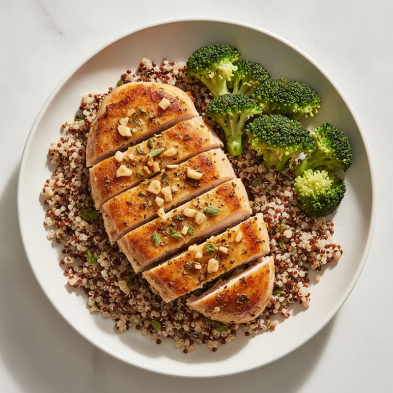 Seared Garlic Herb Chicken with Steamed Broccoli and Quinoa