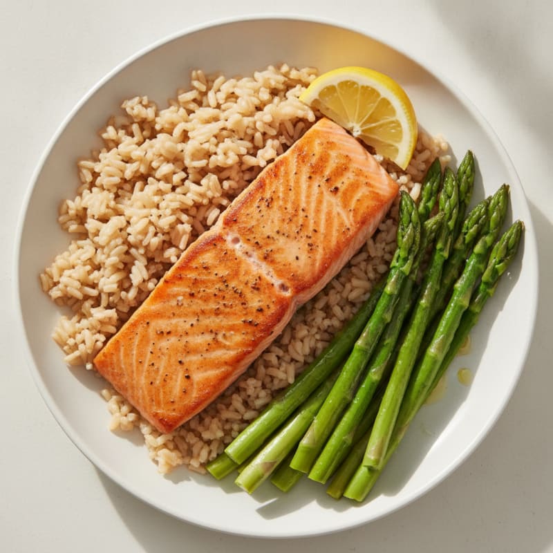Seared Salmon with Steamed Asparagus and Brown Rice