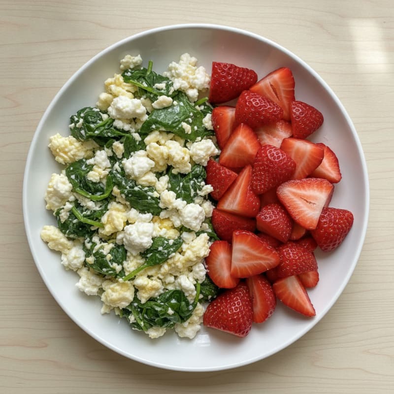 Egg White Spinach Scramble with Cottage Cheese and Berries
