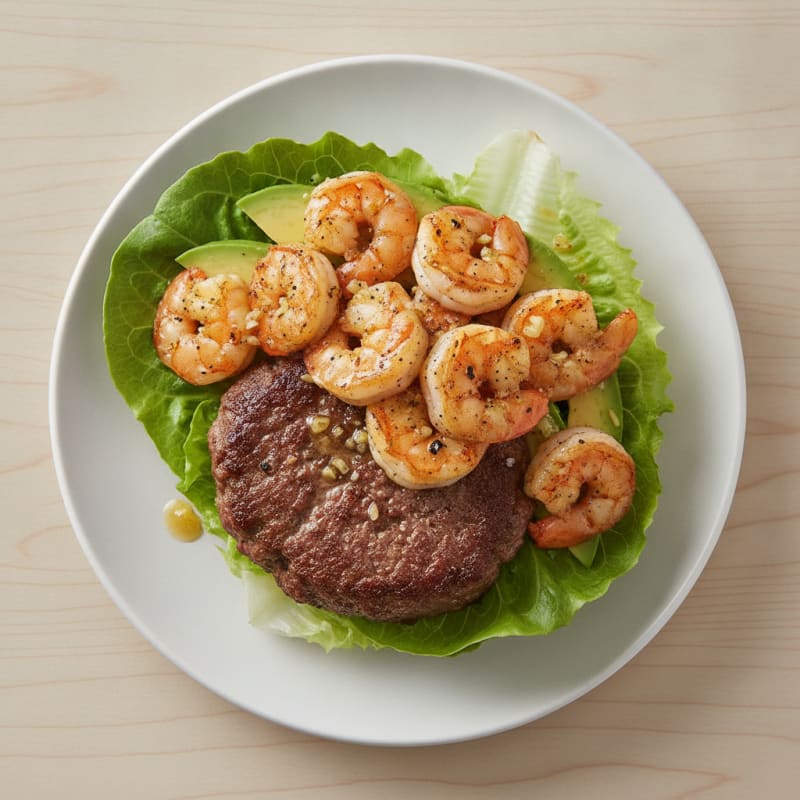 Lean Beef Burger with Garlic Prawns