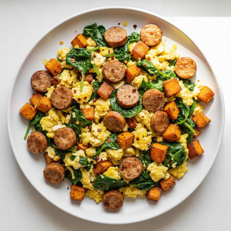 Crispy Chicken Sausage and Spinach Scramble with Sweet Potato