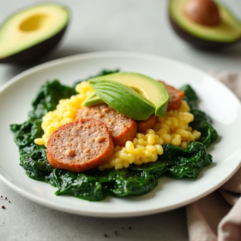 Egg White and Turkey Sausage Scramble with Sautéed Spinach