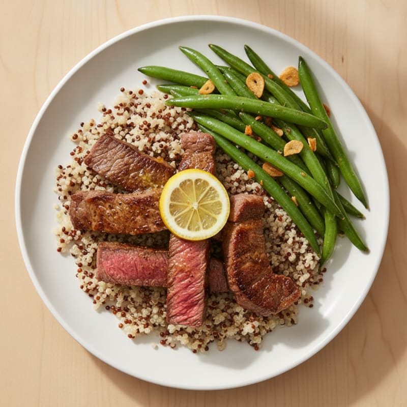 Seared Beef Strips with Garlic Green Beans and Quinoa