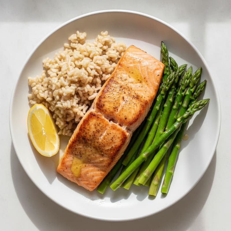 Seared Salmon Fillet with Steamed Asparagus and Brown Rice
