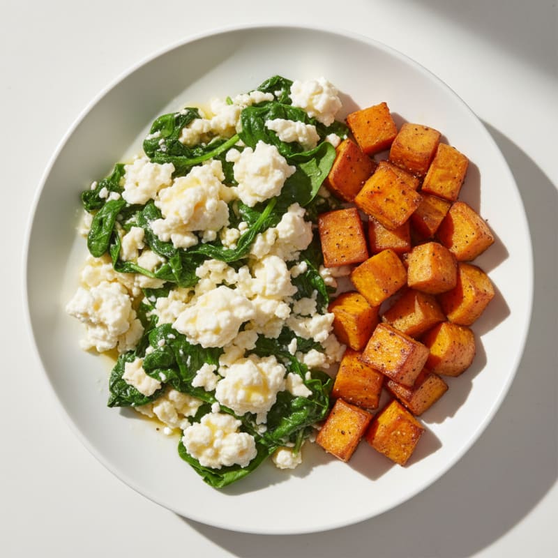 Egg White and Spinach Scramble with Cottage Cheese and Roasted Sweet Potato