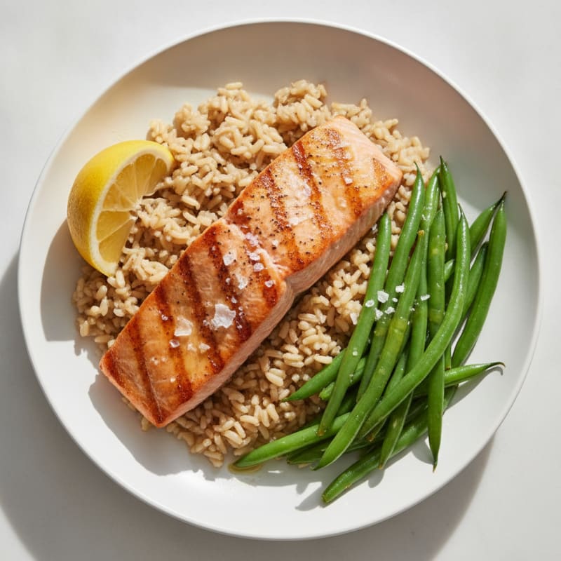 Seared Salmon with Steamed Green Beans and Brown Rice
