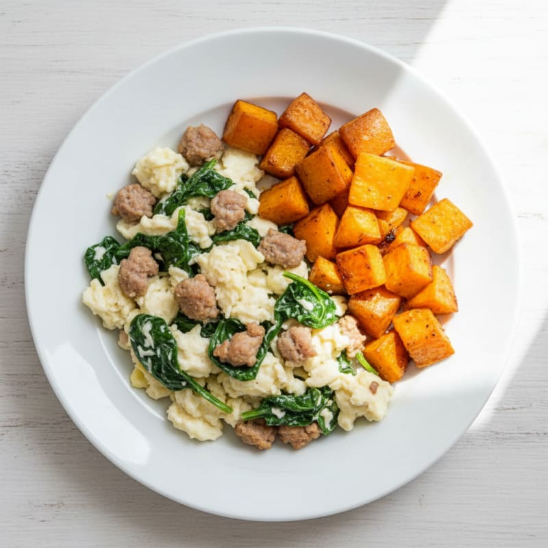 Egg White and Turkey Sausage Scramble with Spinach and Roasted Sweet Potatoes