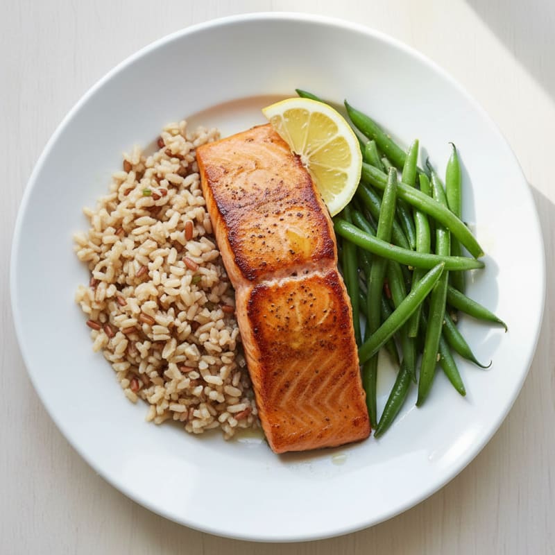 Seared Salmon Fillet with Steamed Green Beans and Brown Rice