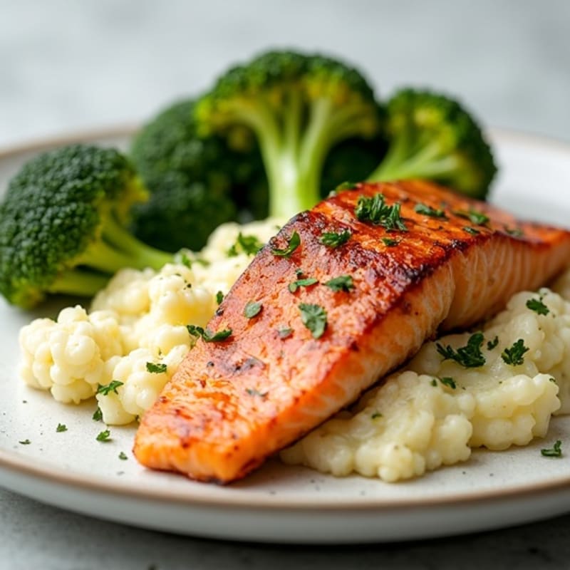 Seared Salmon with Roasted Broccoli and Garlic Cauliflower Mash
