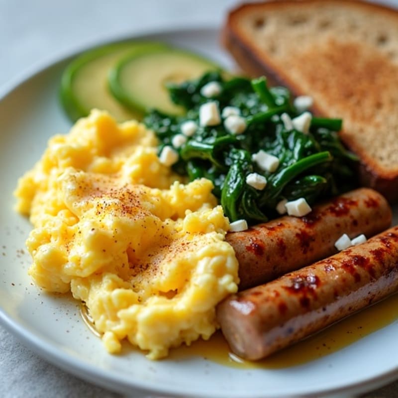 Egg White Scramble with Turkey Sausage and Sautéed Spinach