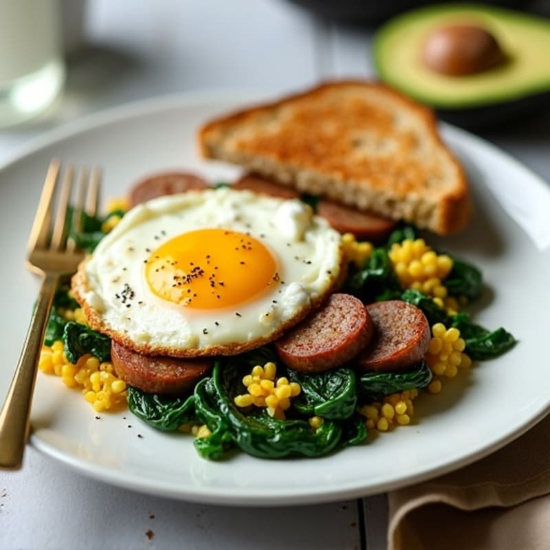 Egg White Scramble with Chicken Sausage and Sautéed Spinach