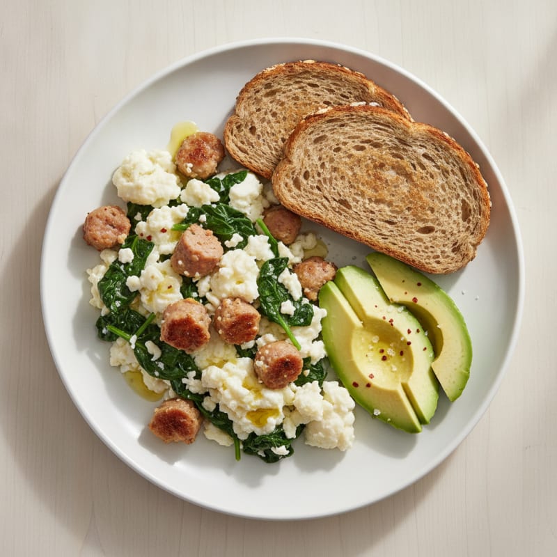 Egg White and Turkey Sausage Scramble with Sautéed Spinach