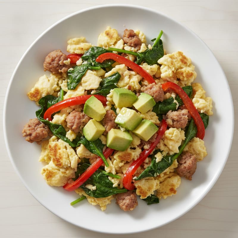 Egg White and Turkey Sausage Scramble with Sautéed Spinach