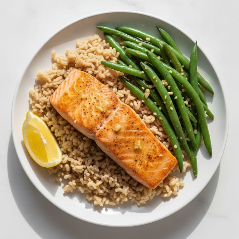 Seared Salmon with Garlic Green Beans and Brown Rice